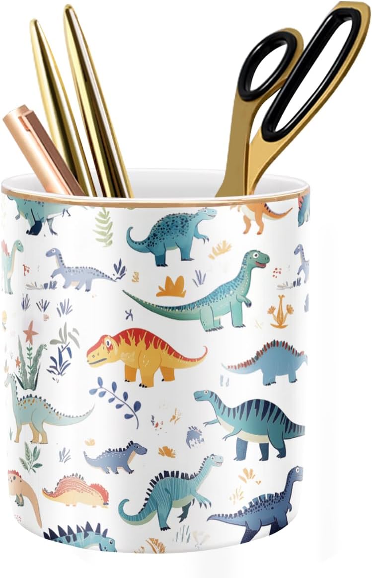 WAVEYU Pen Holder, Pencil Cup for Desk, Cute Makeup Brush Holder, Durable Ceramic Organizer Decor for Room, Office, Classroom, Cute Dinosaur Pattern - Image 1